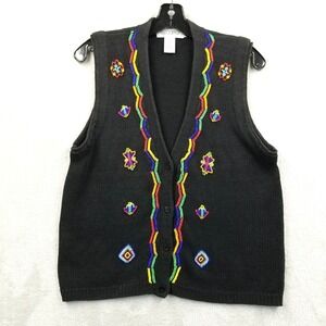 Vintage‎ Vest Women Large Black Cotton Ramie Seed Beaded Aztec Knit Sweater